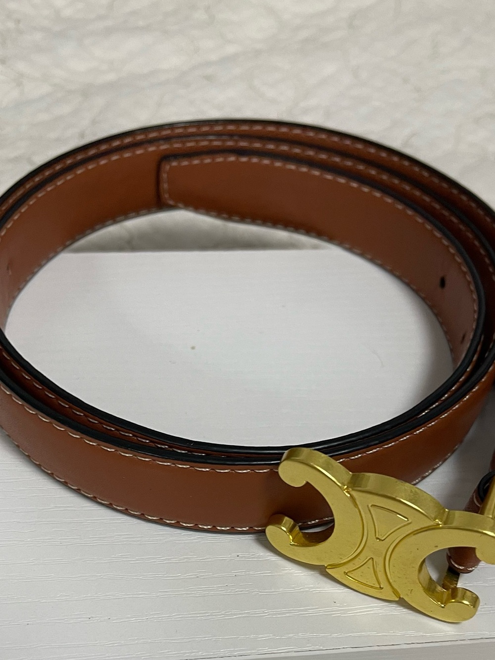 Tan Leather Women's Belt with Gold Double-Crescent Buckle - Picture 5 of 9